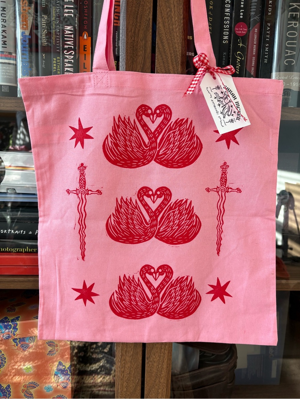 Block Printed Pink Tote Bag with Red Swan & Star Print